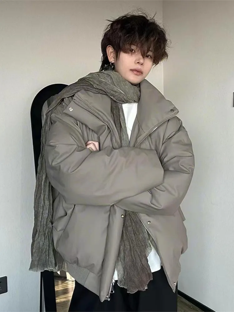 

Short PU Leather Men's down Jacket Bread Style Warm Waterproof Stand Collar Zipper Closure Color Winter Outerwear