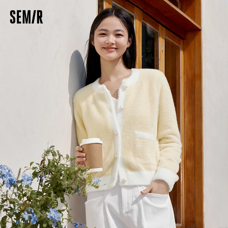 Semir Knitted Cardigan Women Short Soft Waxy Gentle 2023 Winter New Elegant Contrasted Color Fragrance Round Neck Sweater