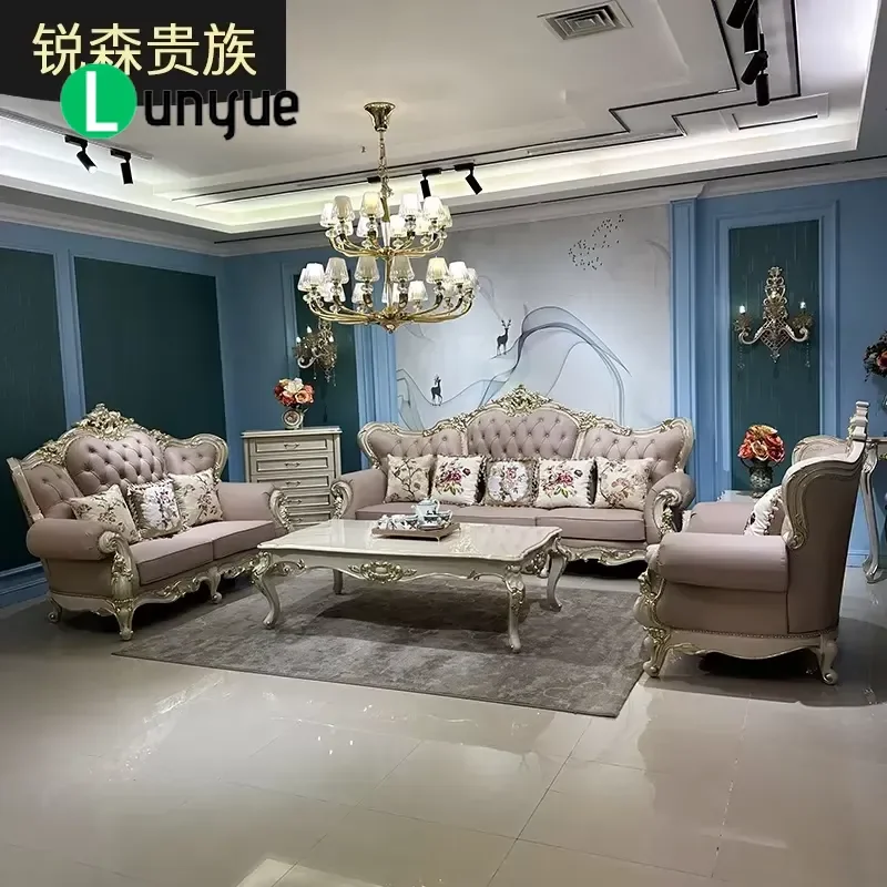 European Royal French Luxury Classic Carved Wood Gold Frame Leather Sofa Set 1 2 3 Seater for Living Room Elegant Furniture