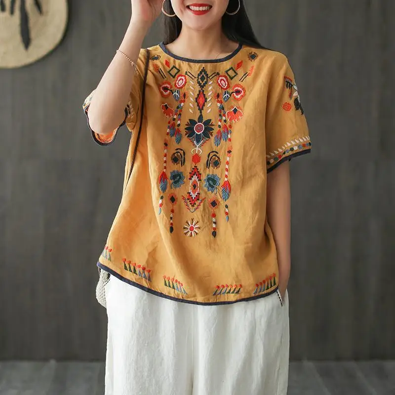 Vintage Ethnic Style Embroidery Cotton Linen Top Blouse Women Vacation Summer Casual Loose Short Sleeve All Match Shirts Blusas