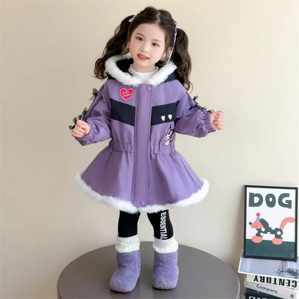 

Kuromi Winter Girls Fashionable Velvet Parka Warm Hooded Jacket Children's Sanrio Cartoon Outdoor Thickened Sweet Cotton Coat