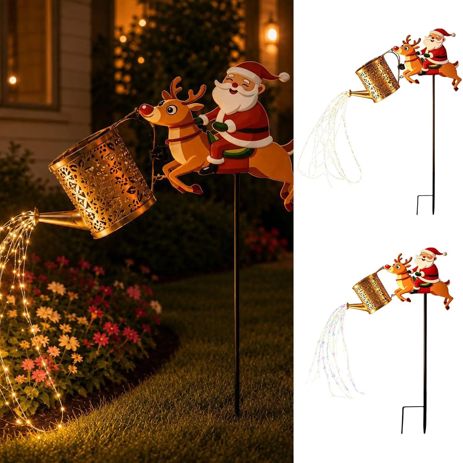 Solar Watering Can Lights Christmas Santa LED Metal Garden Decor Outdoor Yard Kettle Light Party Lantern For Pathway Patio Lawn