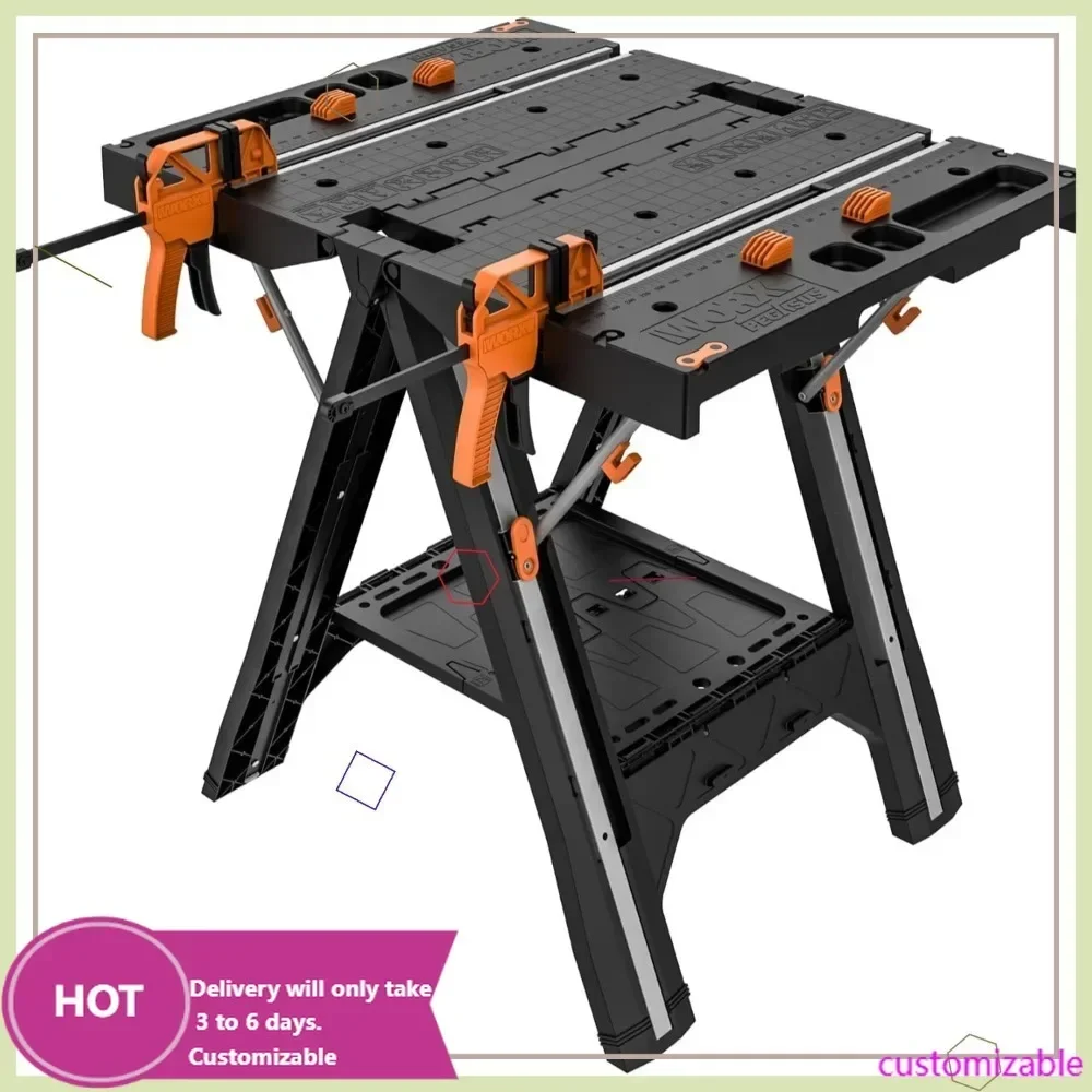 2-in-1 Folding Work Table & Sawhorse, Portable Workbench with Heavy-Duty Load Capacity, Includes Clamps