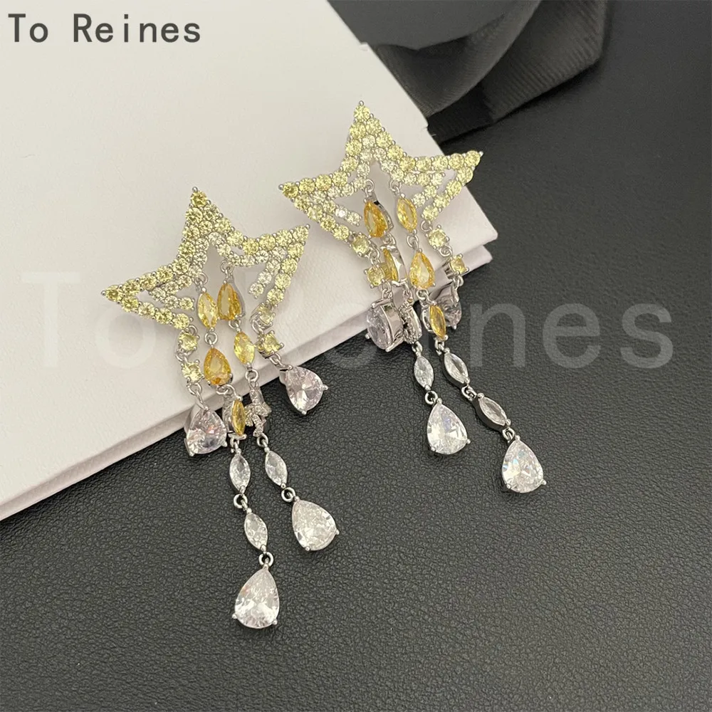 To Reines Fashion Multicolour Inlaid Rhinestone Tassel Earrings For Women Trendy Star Shape Design Crystal Earring Party Jewelry