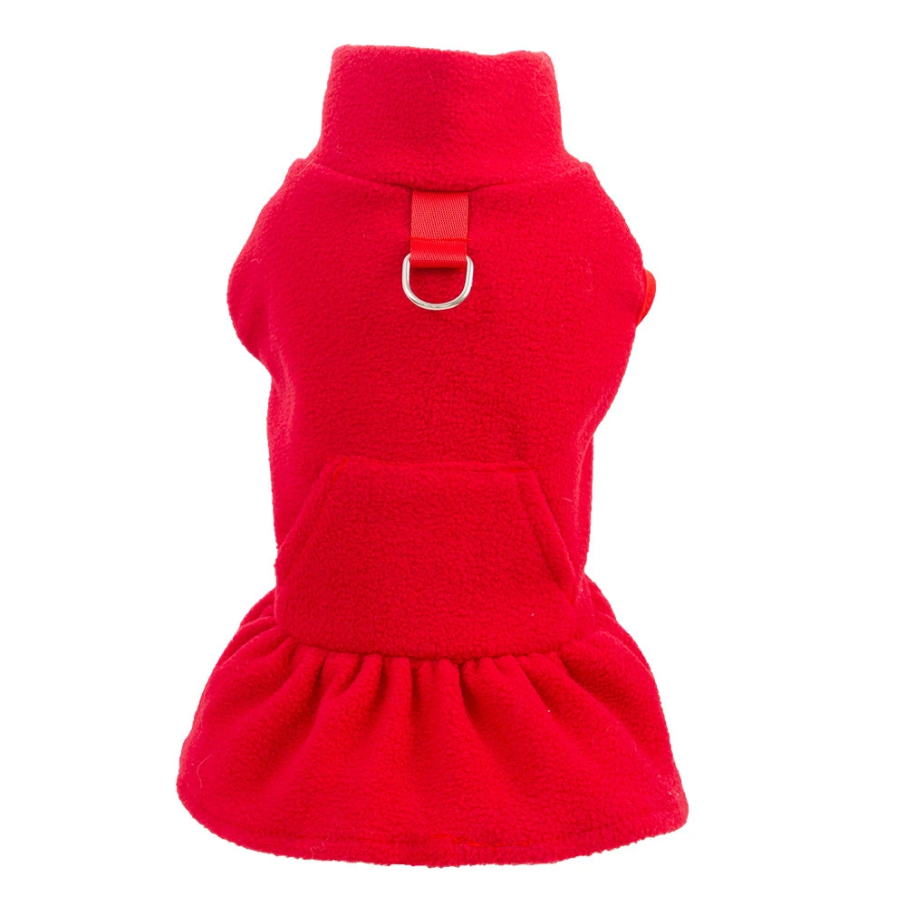 Solid Color High Collar Fleece Pet Dress Pullover For Small Dogs Princess Dress Classic Pockets Hook Dog Clothes Pet Supplies