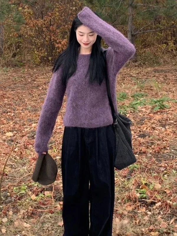 

Свободный фиолетовый свитер с капюшоном, женский осенне-зимний модный вязаный длинный свитер с круглым вырезом Ne, необрастающий