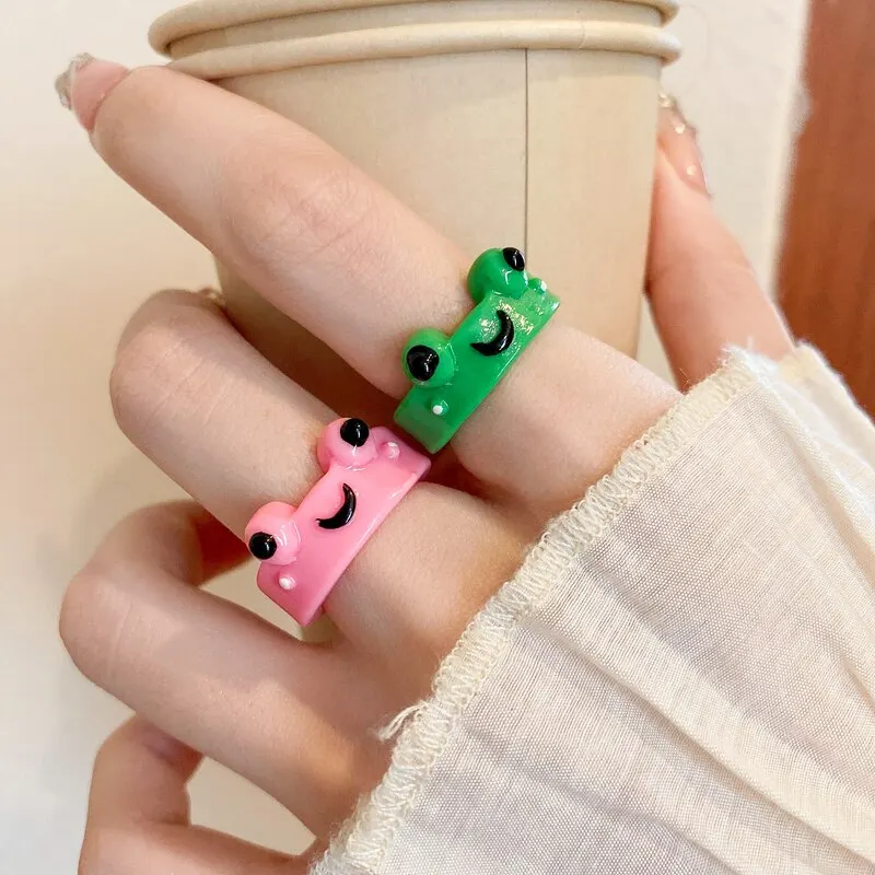 Cartoon Green Pink Frog Rings Display Boxes Cute Acrylic Animal Rings Summer Finger Jewelry Gifts For Couple Best Friends