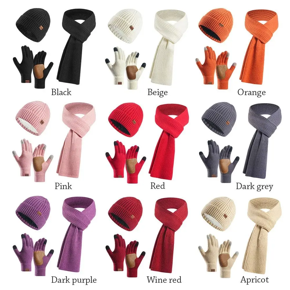 3Pcs/Set Winter Warm Women Hats Scarf Gloves Set Non-slip Ear Protection Knitted Hat Windproof Winter Warm Mitten Outdoor