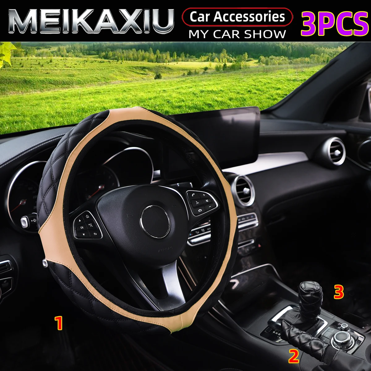 3PCS PU Leather Embroidered Steering Wheel Cover Set for 38CM Rimless Car with Brake Handle & Gearshift Cover