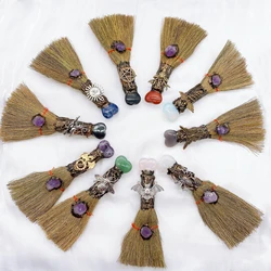 Crystal Heart Shape Magic Broom Natural Amethyst Quartz Stone Craft Witch Broomstick Divination Cleansing Home Decoration Gift