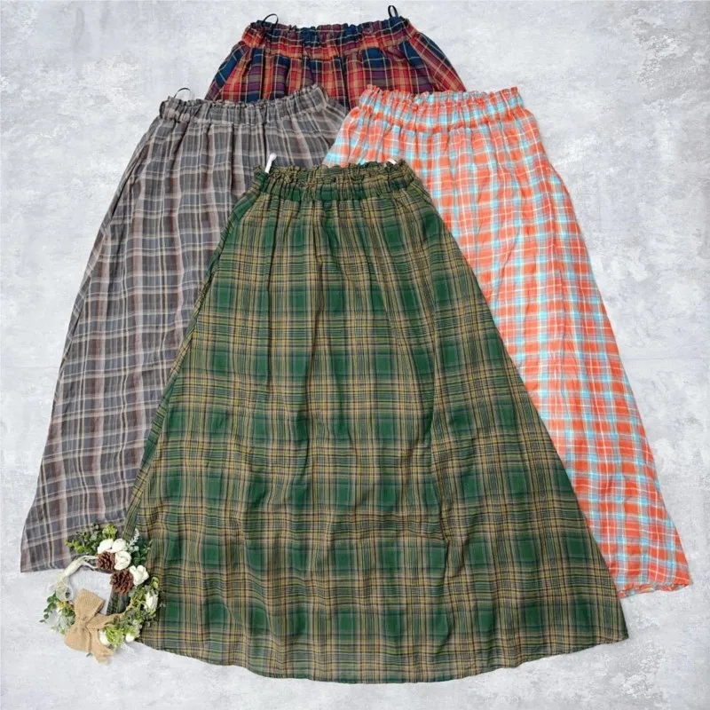 

Johnature Casual Plaid Hit Color A-Line Skirts 2025 Summer New Mori Japanese Loose Elastic Waist Women Skirts