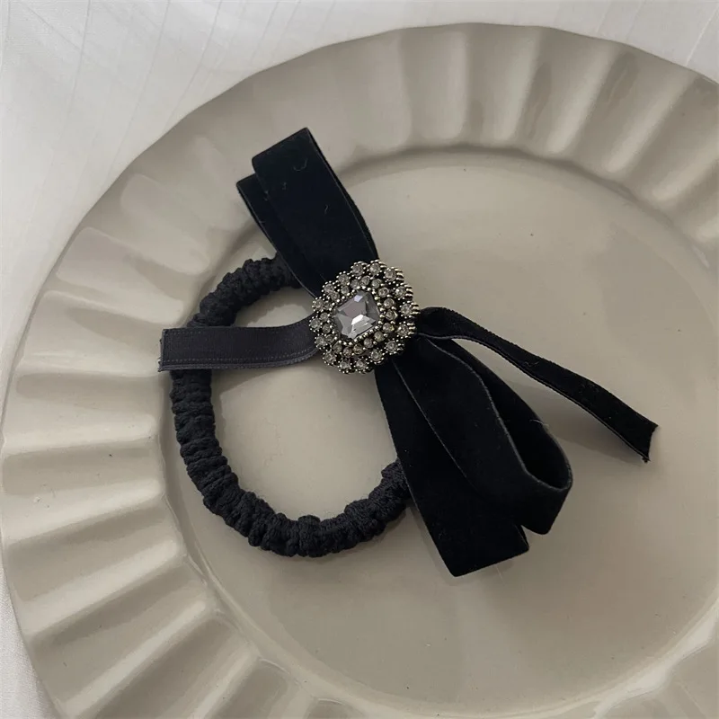 Korean version of retro rhinestone velvet bow hairpin hair rope high-quality tie hair rubber band high ponytail hair accessories