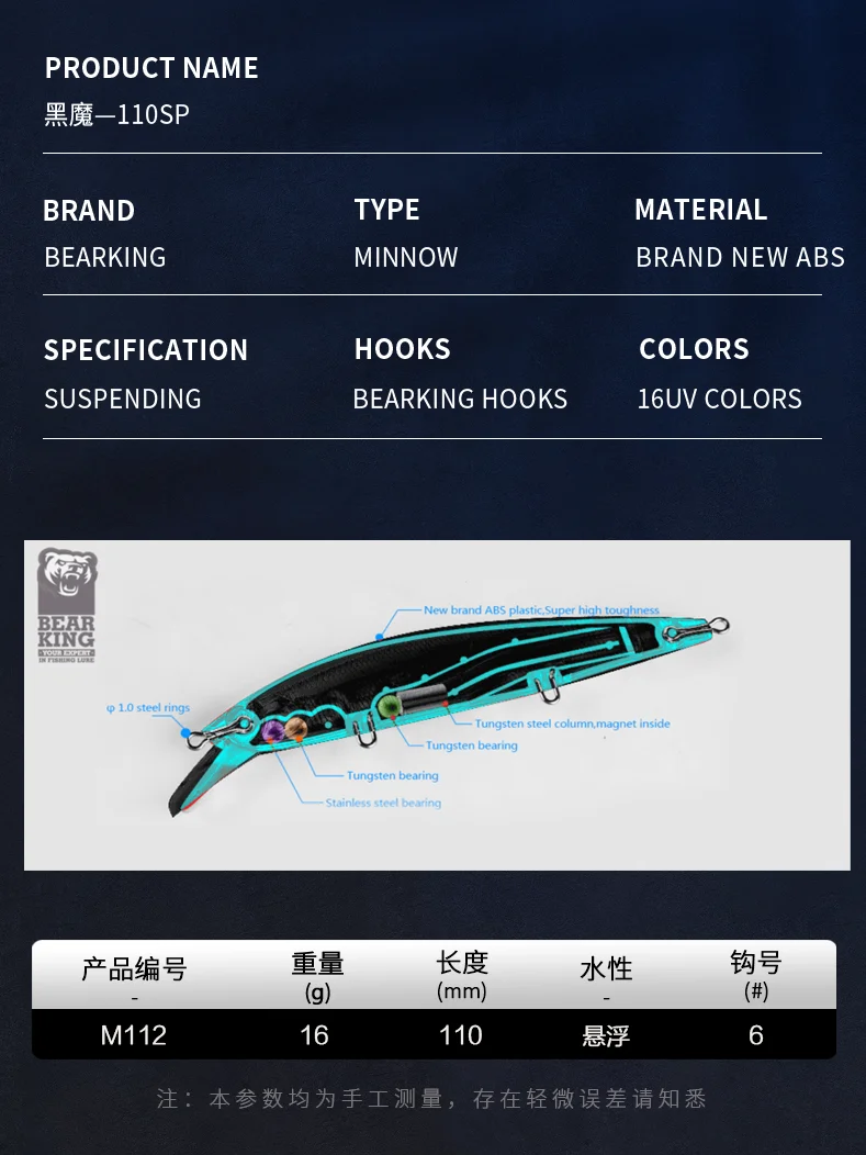 BEARKING 110mm 16g Hot fishing tackle A+ tungsten system fishing lures minnow bait suspending bait 16colors for choose view 2