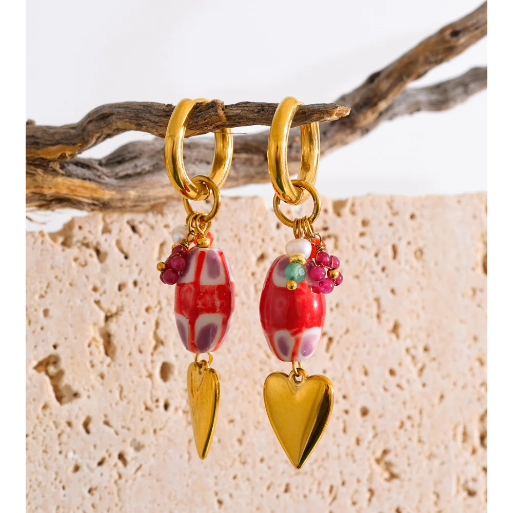 Yhpup 2026 Style Stainless Steel France Red Ceramic Heart Small Drop Hoop Earrings Waterproof Stylish Design Charm Jewelry Gift