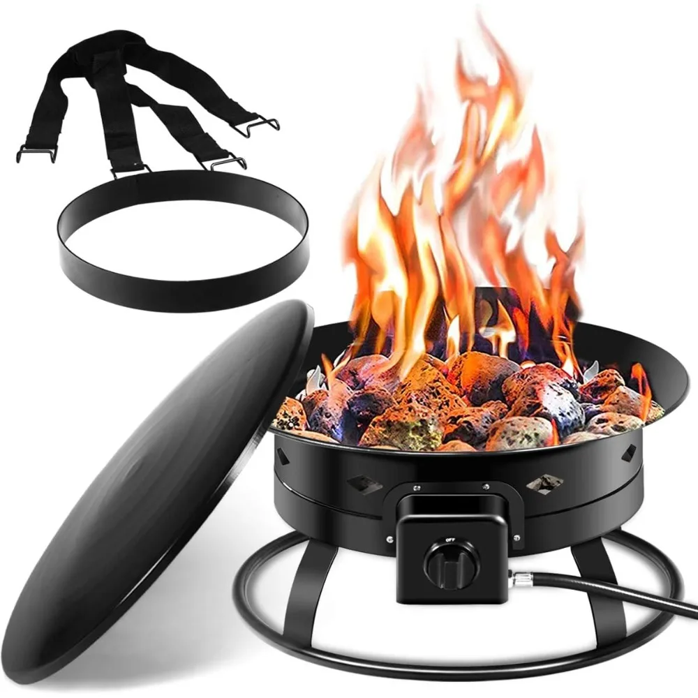 

Portable Propane Fire Pit, 19" Outdoor Firepit, 58,000BTU Fire Bowl w/Cover & Carry Kit,Lava Rock Stone & Tank Stabilizer Ring,