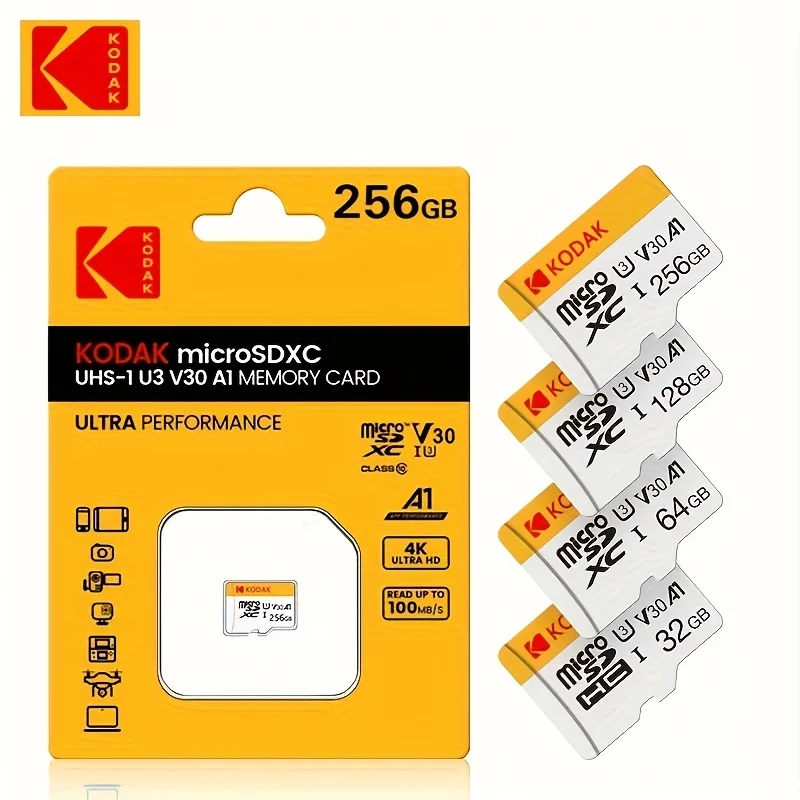 Kartu memori Kodak Micro SDCC/SDHC 32GB-256GB, performa tinggi cocok untuk penyimpanan ponsel, kamera, dan komputer