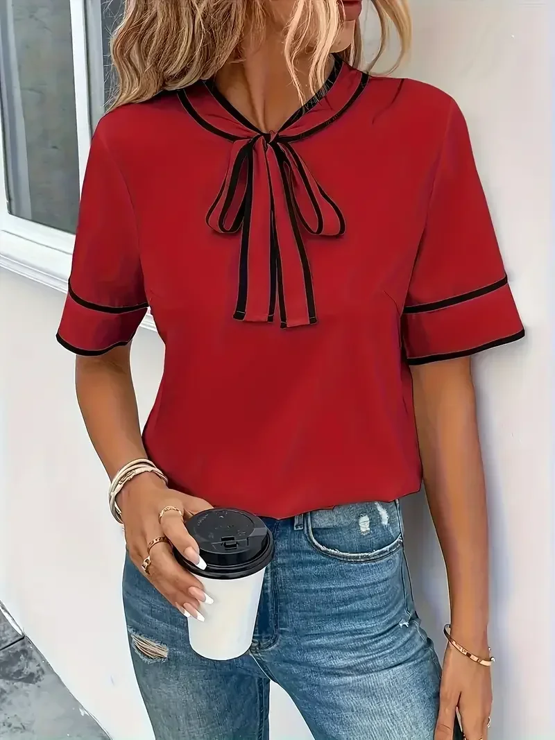 

Женская модная элегантная блузка больших размеров 1XL-5XL с красным бантом и половиной рукава, рубашка, женская повседневная элегантная блузка, рубашка с коротким рукавом