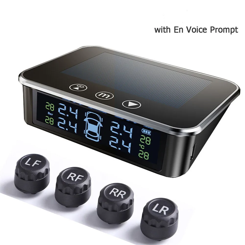 

Car Tire Pressure Alarm Monitor System Solar Tpms Real-Time Display Attached To Windshield Or Dashboard Wireless With 4 Sensors