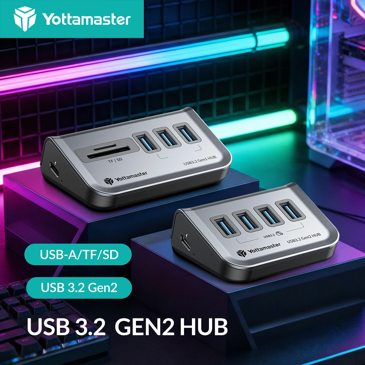 Yottamaster Portable USB 3.2 Gen1 Gen2 Hub 10/5Gbps Data Hub Hard Drive Powered PD18W/60W SD/TF for PC PS4 Laptops Surface Mouse