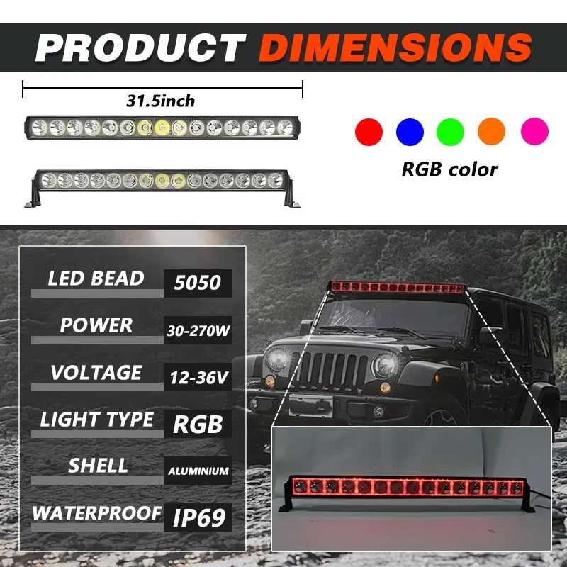

Waterproof RGB LED Light Bar - 6000 Lumens DRL Driving Work Spotlight for 4x4 UTV ATV Truck SUV Off-Road Roof Mount