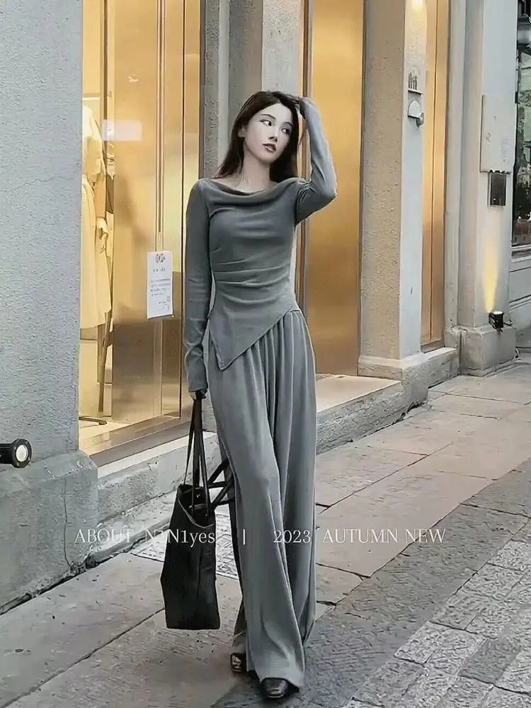 Slash-neck T-shirt Women Based Long-sleeves Asymmetrical Off Shoulder Hot Slim Solid Simple Ladies Korean-style Elegant Trendy