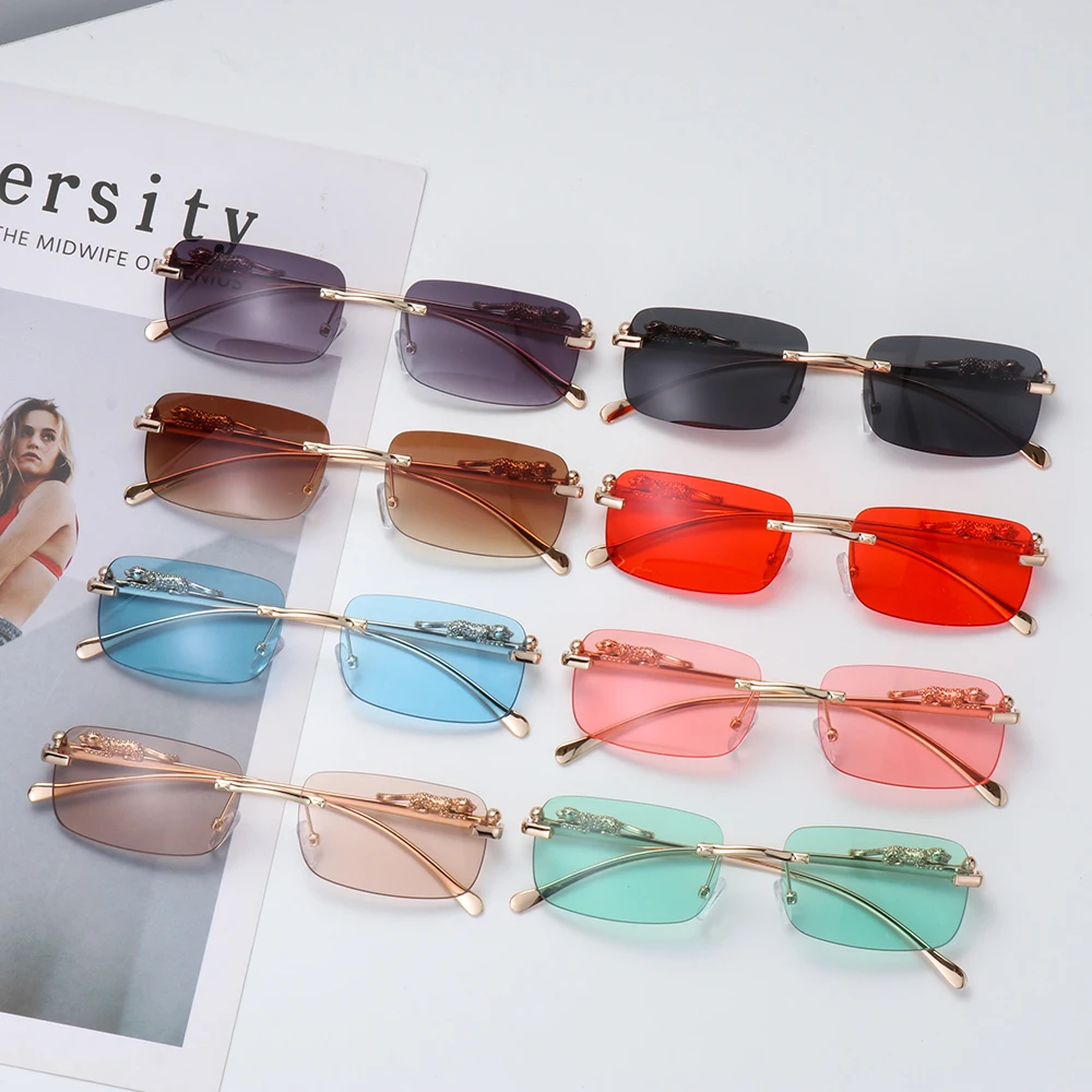 

Fashion Rimless Rectangle Sunglasses for Women Men Retro Cheetah Decoration Clear Ocean Lens Sun Glasses Shades UV400 Eyewear