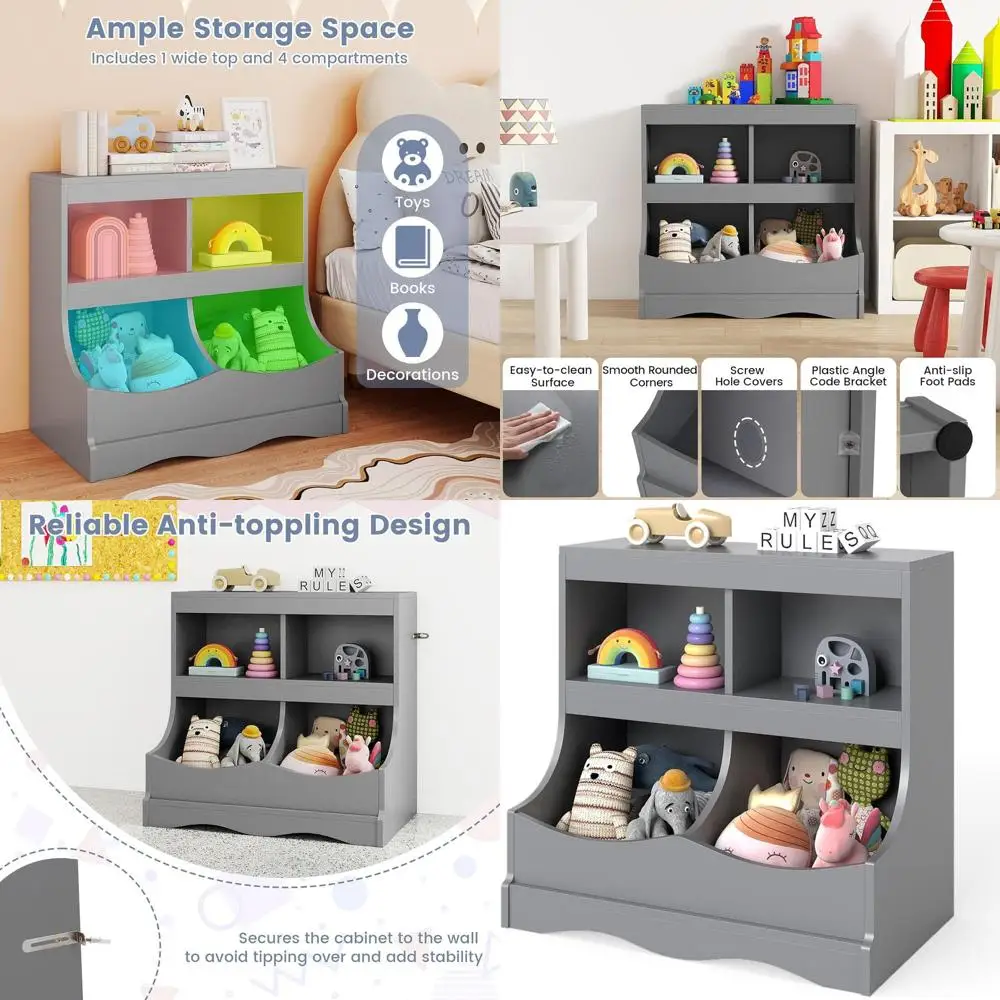 

Серая деревянная детская книжная полка с 4 секциями, местом для обуви и именными бирками для игровой комнаты, спальни и класса