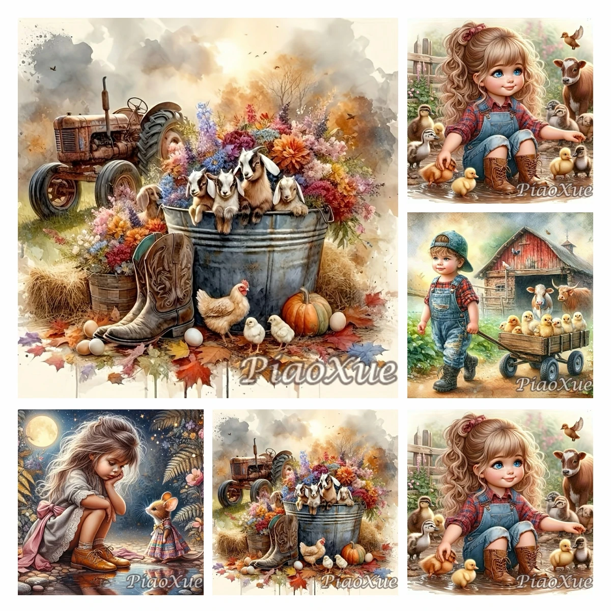 農場の動物のダイヤモンド絵画キット,かわいい女の子,男の子,アヒル,ひよこ,リス,ダイヤモンドツール,刺embroidery,家の装飾,芸術的な贈り物