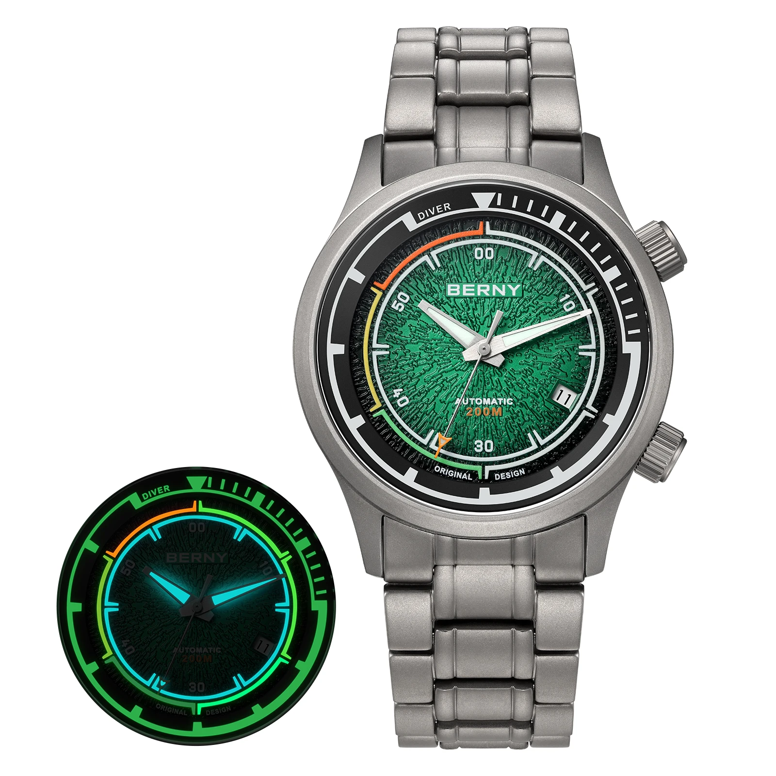 BERNY Herren-Taucheruhren, Titan, automatisch, mechanisch, superleuchtend, Herren-Taucheruhr, Saphirglas, 200 m wasserdicht, Sporttauchen