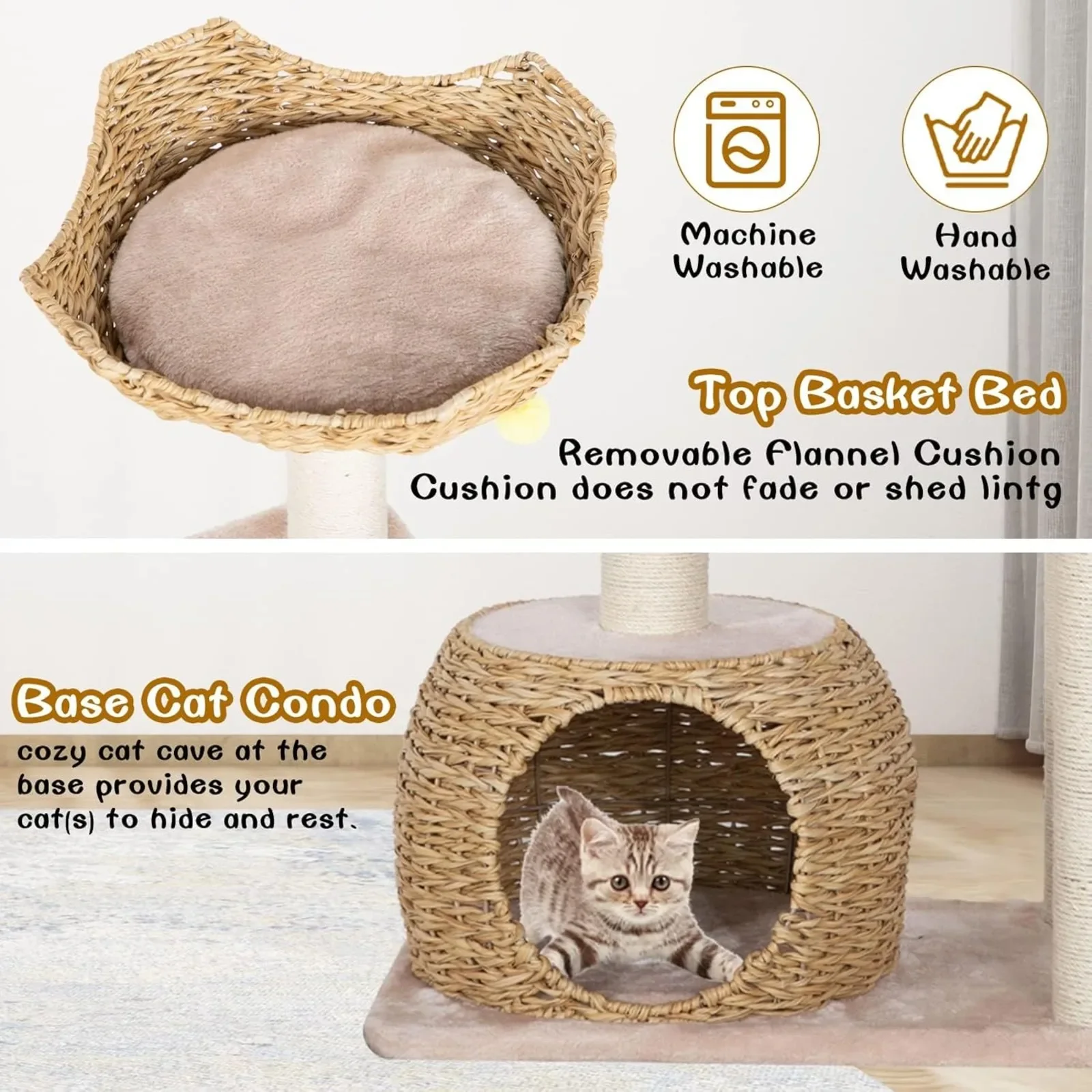 US Modern Wood Cat Tree for Indoor Cats, Multi-Level Boho Cat Tree with Natural Sisal Scratching Post, Cat Tree Tower for Large