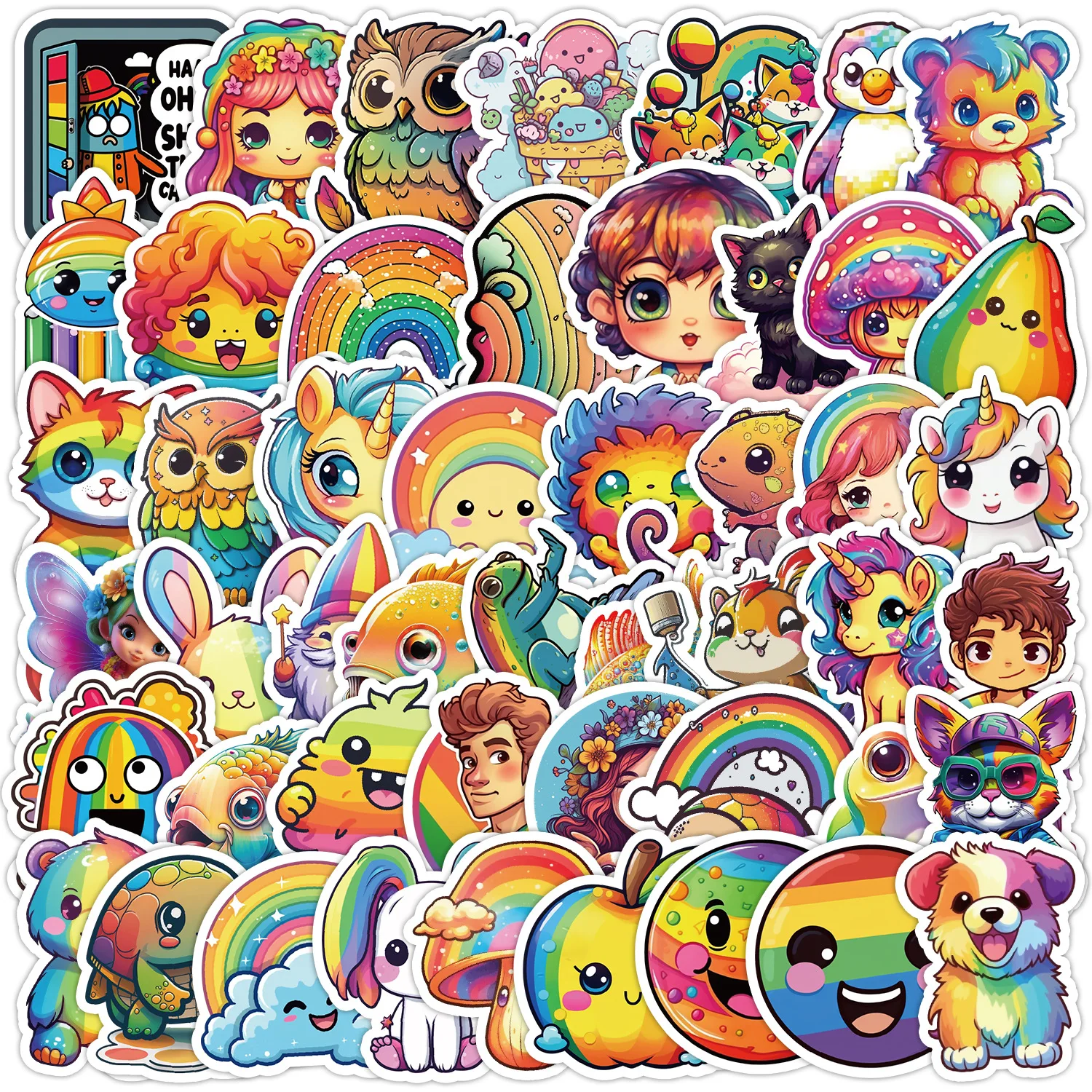 

50Pcs Cartoon Cute Rainbow Series Stickers Suitcase Phone Case Water Bottle Waterproof Decoration Diy Sticker Packs