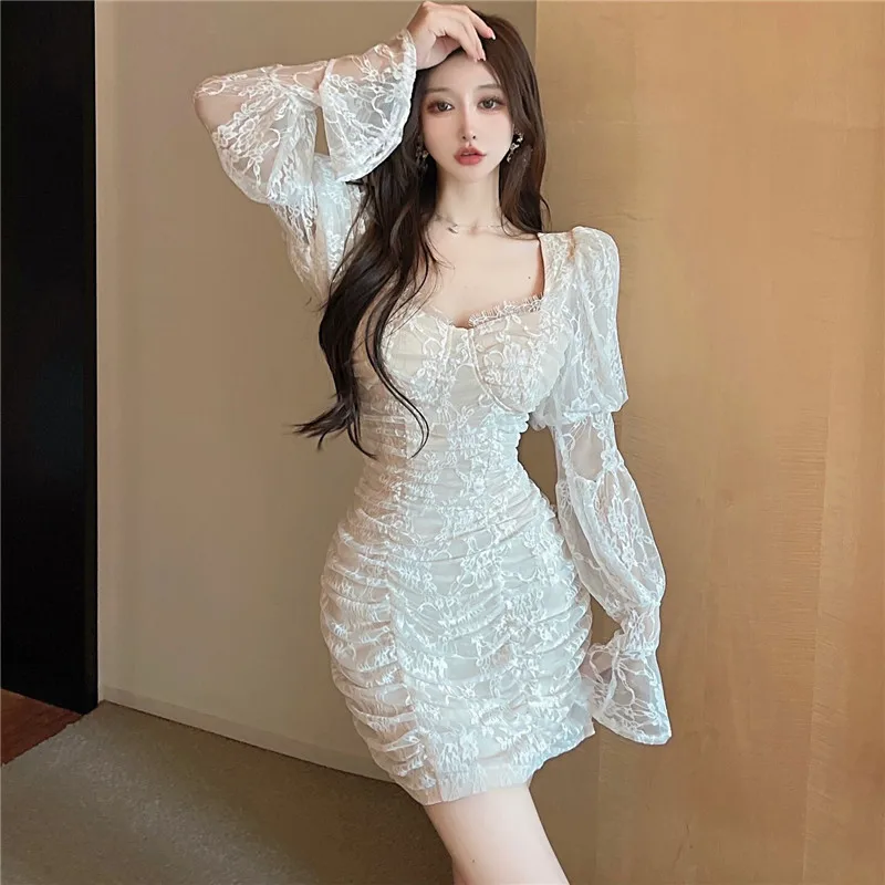 

Женское облегающее платье с пышными длинными рукавами и квадратным вырезом, с цветочным кружевом, элегантное мини-платье для вечеринок, 2025