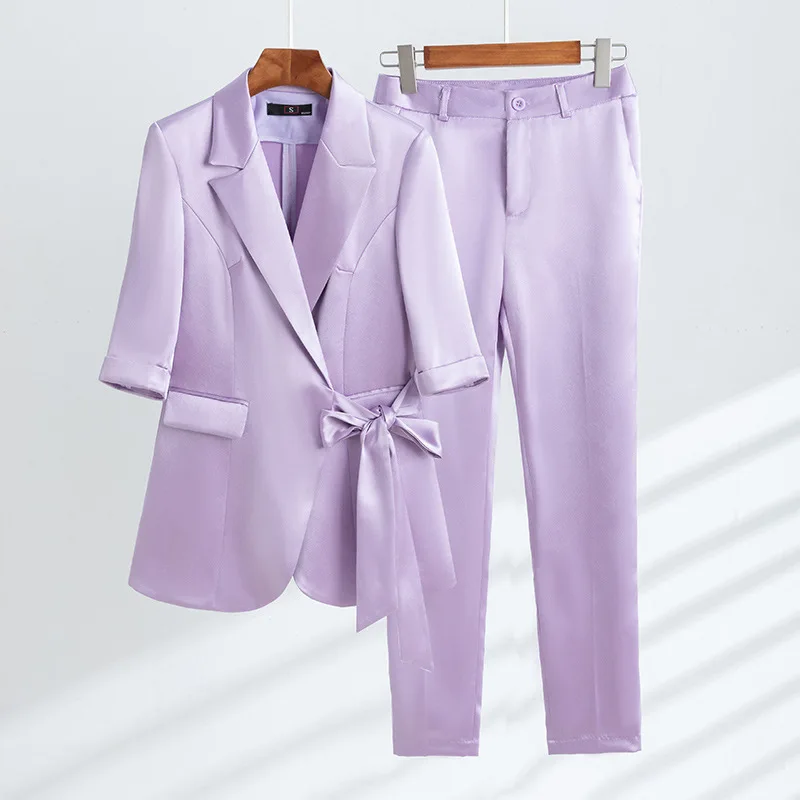 

Women Blazer Sets Solid Color Notched Collar Half Sleeve Lace-up Jacket+Pencil Pants 2pcs Spring Summer Fashion OL Ladies Suits