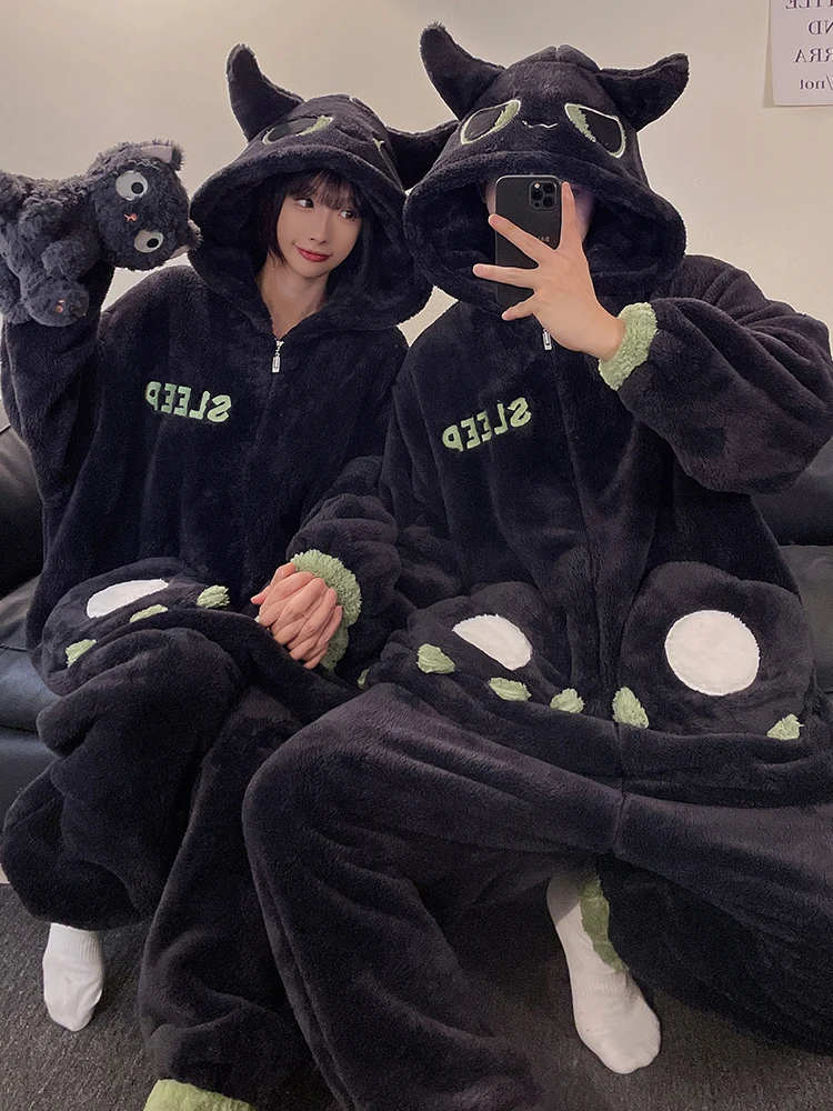 DAIMELU Korallenvlies-Flanell-Pyjama-Set für Damen, Winter-Nachtwäsche, einteiliger Anzug, Fleece, verdickt, warm, weiblicher Loungewear-Anzug