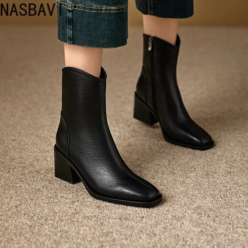 

NASBAVI 2026, модные женские ботильоны, зимняя обувь из коровьей кожи, осенние мотоциклетные короткие ботинки на среднем каблуке с молнией и круглым носком, размеры 34–41