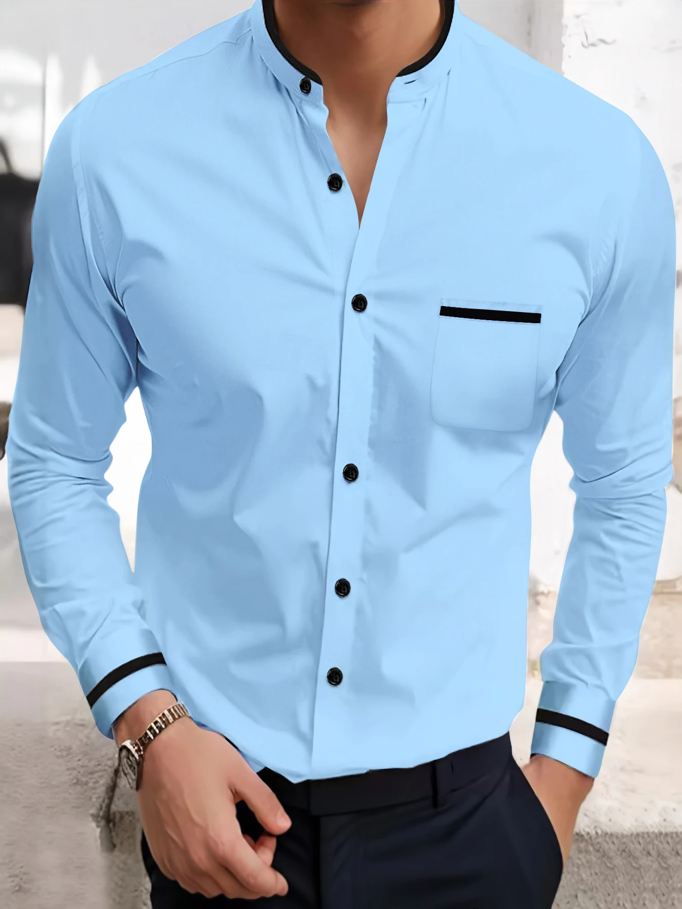 Men's casual shirt new comfortable cotton and linen single-breasted stand-up collar fashion pocket street loose long-sleeved top - Image 2