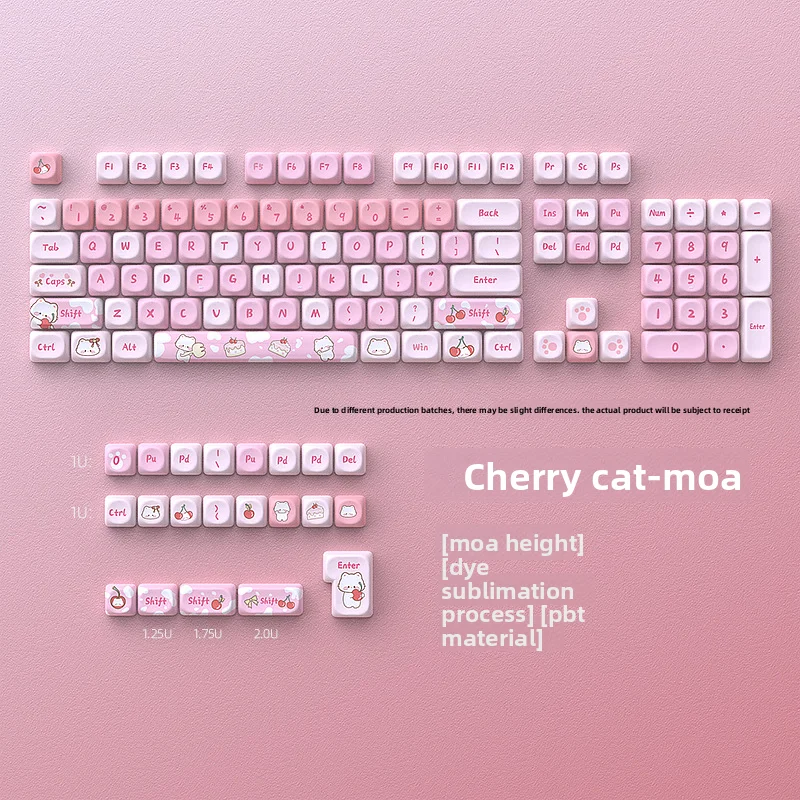 Cherry Cat Theme Keycaps - MOA Sublimation 131 Keys DIY Full Set PBT for Mechanical Keyboard Customization