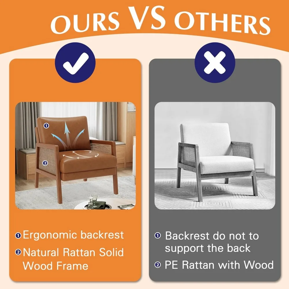 طقم كراسي بنية اللون مكون من كرسيين منجدين لغرفة المعيشة كرسي بذراعين من الخيزران الطبيعي، شبشب جلدي صناعي حديث