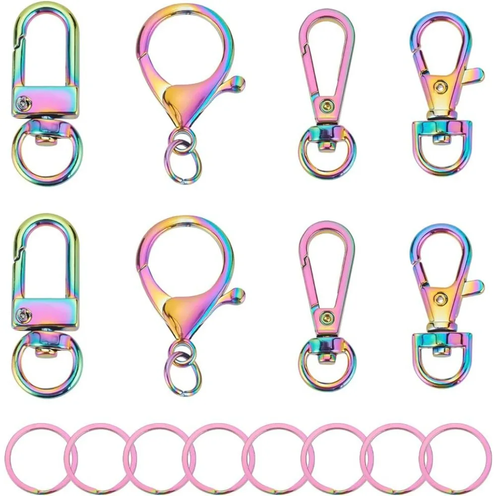 16pcs Rainbow Keychain Swivel Buckle Hardware Set Metal Swivel Hooks with Key Rings Include Swivel Lobster Claw Clasp 25mm