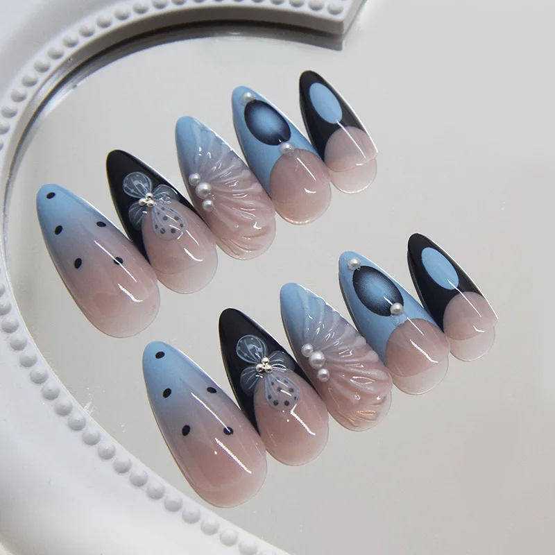 24 قطعة الأظافر الصناعية الفرنسية الزرقاء الصيف البحر قذيفة ثلاثية الأبعاد زهرة اللؤلؤ وهمية مسمار نصائح للفتيات النساء Ins موضة اللوز اضغط على الأظافر