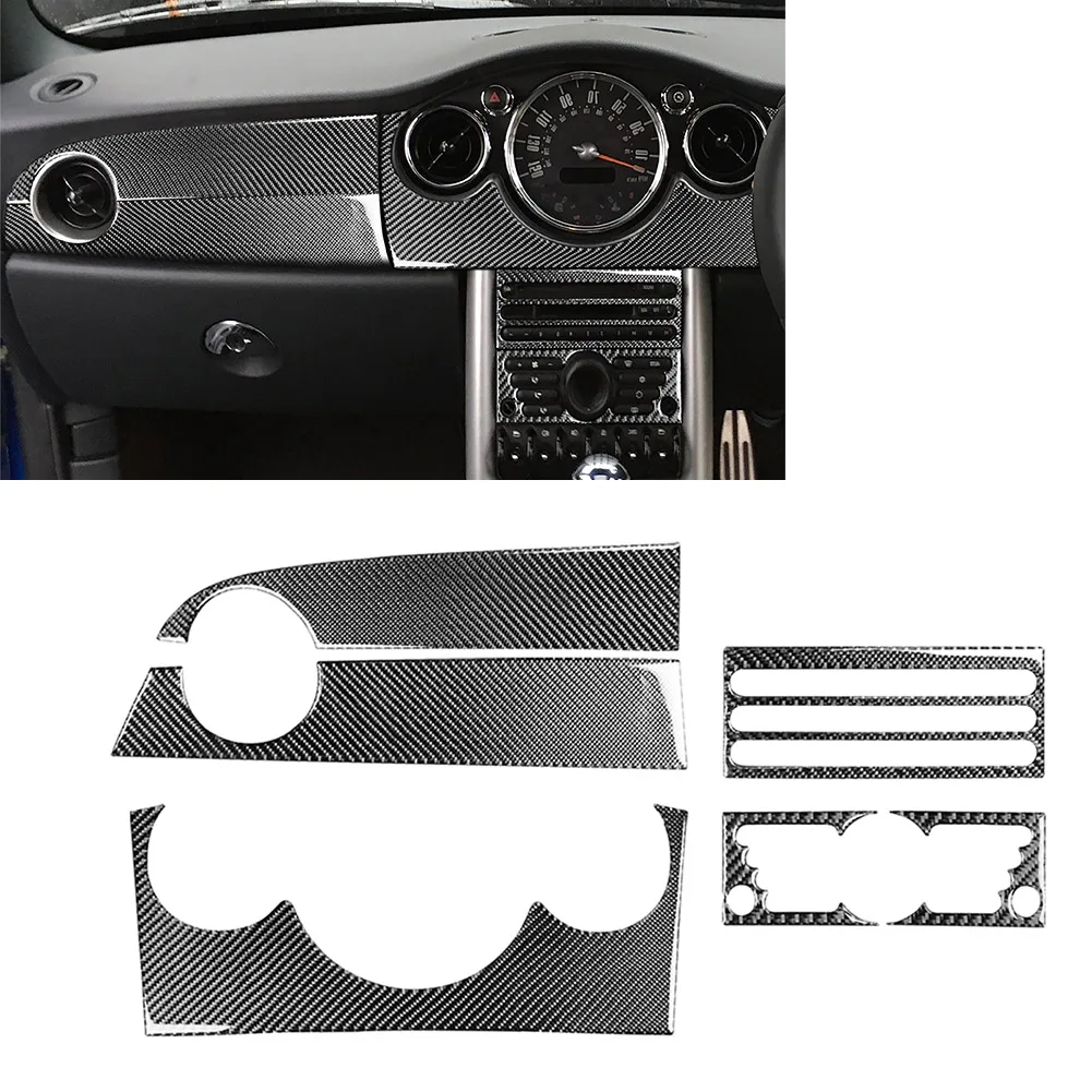 6Pcs Carbon Fiber Pattern Car Center Console Dashboard Panel Cover Trim RHD For BMW Mini Cooper R50 R53 2005-2006 Black