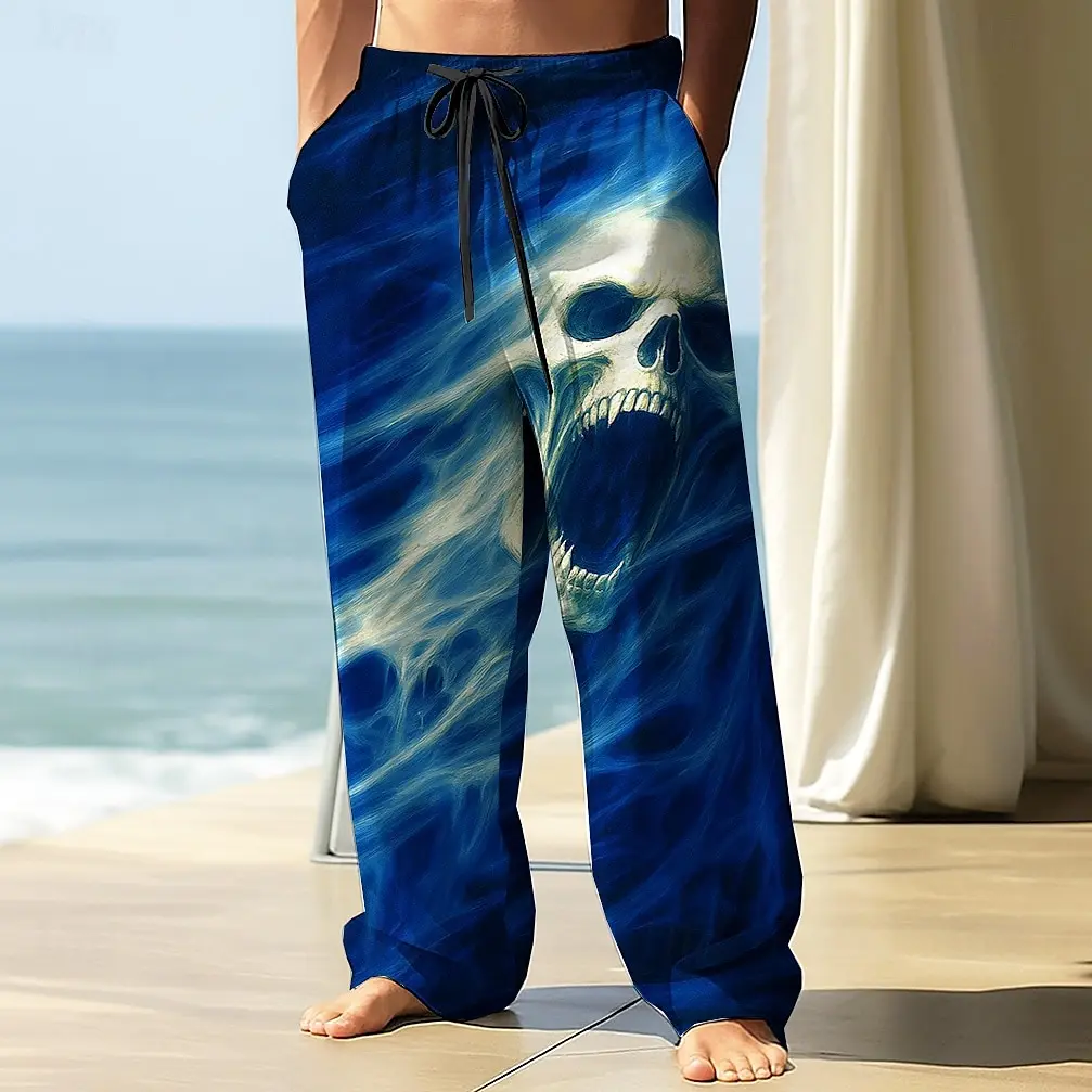 2026 Men's Skull Death Printed Trousers Baggy Pants Casual Pants Mid Waist Elastic Drawstring Waist Pants Streetwear Fall