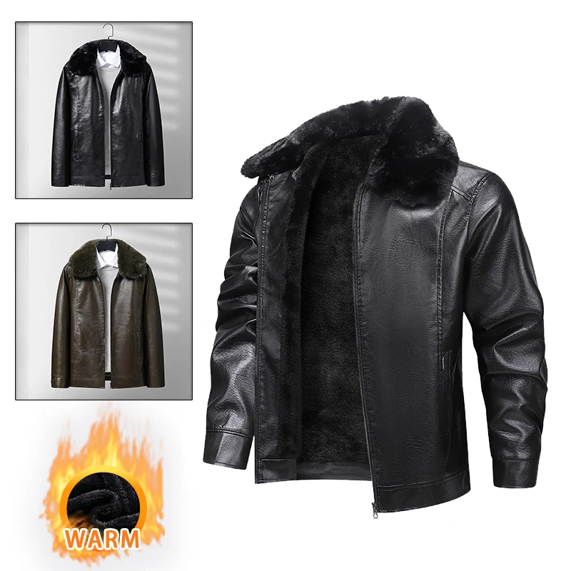 

Осенне-зимняя мужская кожаная куртка ветрозащитная теплая удобная флисовая подкладка с меховым воротником теплая спортивная кожаная куртка для бега