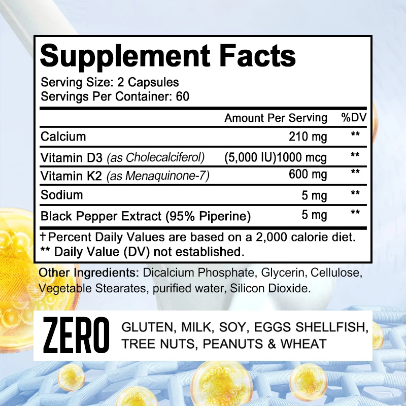 Bcuelov Vitamine D3 K2, 5000 Iu Vitamine D3, Niet-Gmo-Formule, Gemakkelijk In Te Slikken Vitamine D En K Complex Voedingssupplement