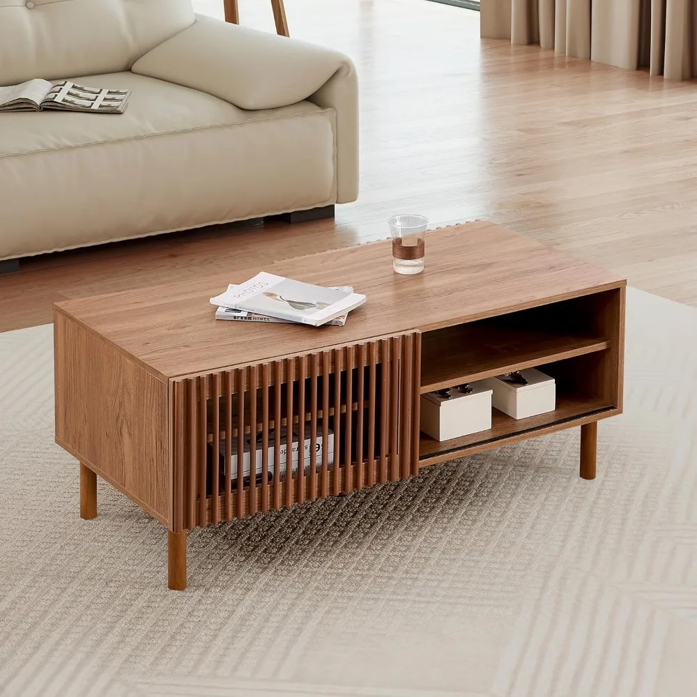 

Home 44’’ Mid Century Modern Coffee Table with Storage, Wood Center Table with Sliding Door and Open Shelves