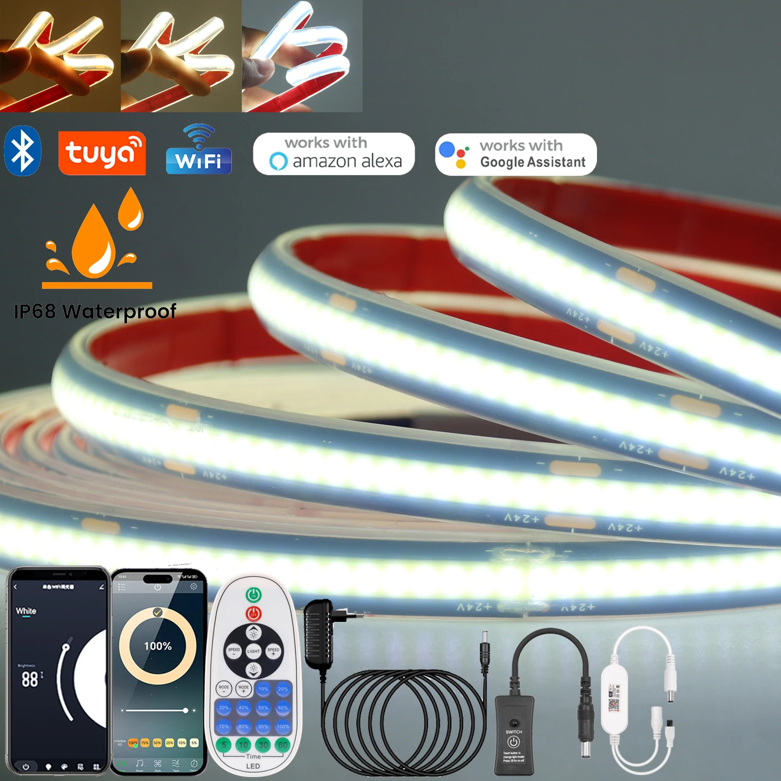 

Светодиодная лента Tuya WiFi COB Bluetooth 12 В 24 В Черная печатная плата Гибкая светодиодная лента с вилкой европейского/американского стандарта Линейный светильник с плотностью 320 светодиодов