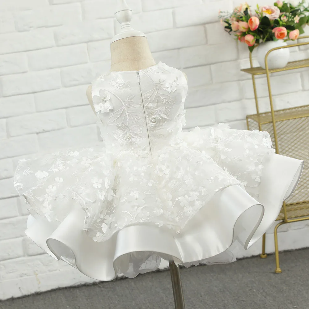 Ivory Flower Girl Dress For Wedding Sleeveless 3d Applique Mini Puffy Kid Birthday Princess Dress First Communion Ball Gowns