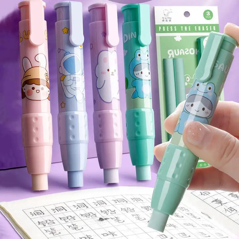 1Set Press Retractable Pencil Eraser Correction Rubber Erasers Writing School Items Student Kawaii Stationery Supplies