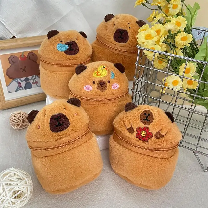 Cute Plush Capybara Zipper Coin Purse Cylindrical Wallet Earphones Lipstick Storage Bag Creative Plush Doll Pendant Girls
