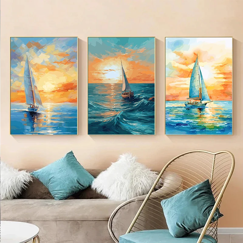 1PC frameless decorative art print,Abstract Colourful Sailboat Sunset Canvas Painting Sea Landscape Poster Print Wall Art Pictur